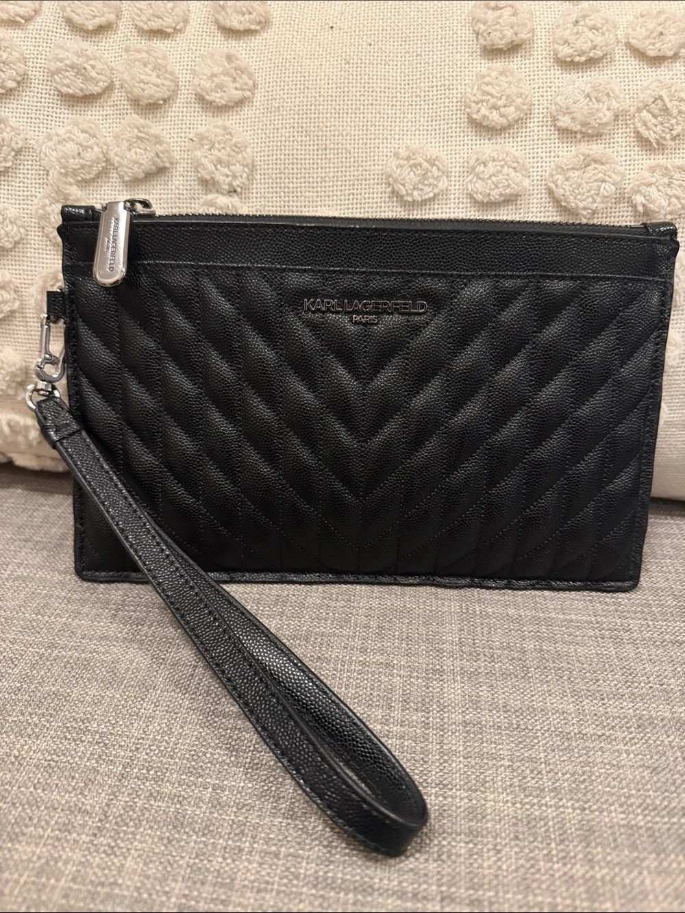 Karl Lagerfeld Black Quilted Leather Wristlet Clutch with Detachable Strap